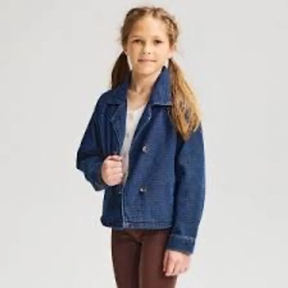 Cat & Jack Girls Dark Wash Denim Chore Jacket XL 14 Textured Chevron Indigo NWT